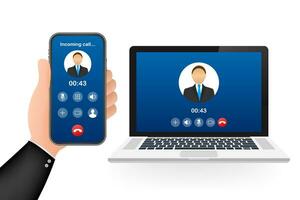 Incoming video call on laptop. Laptop with incoming call, man profile picture and accept decline buttons. Vector stock illustration