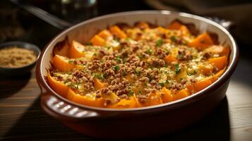 Photo of Sweet Potato Casserole as a dish in a high-end restaurant. Generative AI