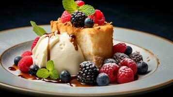 Photo of Angel Food Cake as a dish in a high-end restaurant. Generative AI