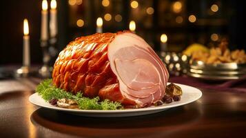 Photo of Baked Ham as a dish in a high-end restaurant. Generative AI