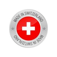 Glossy metal badge icon, made in Switzerland with flag. Vector stock illustration