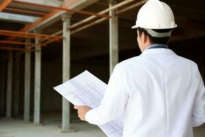 Engineering wearing hardhat with blurred site construction building background, Generative AI illustration photo