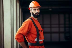 Engineering wearing hardhat with blurred site construction building background, Generative AI illustration photo