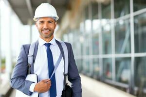 Engineering wearing hardhat with blurred site construction building background, Generative AI illustration photo