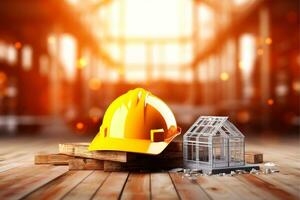 Helmet hard hat with blurred site construction building background, Generative AI illustration photo