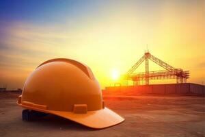Helmet hard hat with blurred site construction building background, Generative AI illustration photo