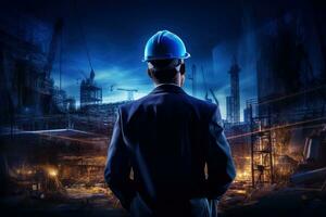 Engineering wearing hardhat with blurred site construction building background, Generative AI illustration photo