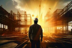 Engineering wearing hardhat with blurred site construction building background, Generative AI illustration photo