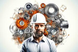 Engineering wearing hardhat with blurred site construction building background, Generative AI illustration photo