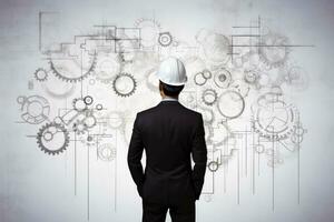 Engineering wearing hardhat with blurred site construction building background, Generative AI illustration photo