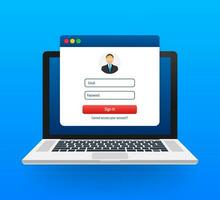 Sign in to account, user authorization, login authentication page concept. Laptop with login and password form page on screen. Vector stock illustration