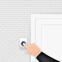 Hand push the bell button at the front door. Flat button. Flat vector illustration. Home entrance