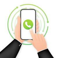 Smartphone with incoming call on display. Hand holding smartphone, finger touching screen. Vector stock illustration