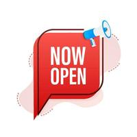 Megaphone with now open. Megaphone banner. Web design. Vector stock illustration