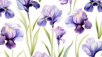 Seamless pattern of Iris flower in watercolor style isolated on white background. Iris flower texture background. Generative AI photo