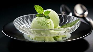 Photo of Honeydew Sorbet as a dish in a high-end restaurant. Generative AI