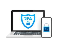 Two step authentication 2fa, flat cartoon smartphone and computer safety login or signin. Vector stock illustration