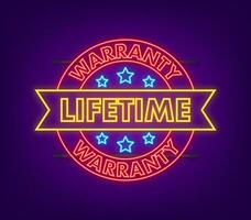 Flat banner with neon red lifetime warranty. Flat vector illustration character.