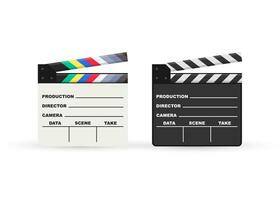 Black closed clapperboard. Black cinema slate board, device used in filmmaking and video production. Realistic vector stock illustration