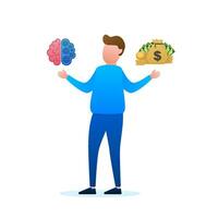 Man choosing between two options brainwork and money. Vector stock illustration.