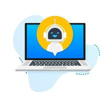 Chat Bot Using Laptop Computer, Robot Virtual Assistance Of Website Or Mobile Applications. Voice support service bot. Online support bot. Vector illustration