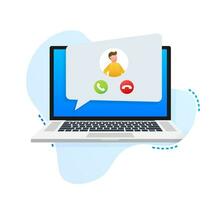 Incoming video call on laptop. Laptop with incoming call, man profile picture and accept decline buttons. Vector stock illustration.