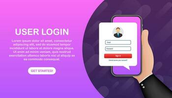 Sign in to account, user authorization, login authentication page concept. Smartphone with login and password form page on screen. Vector stock illustration