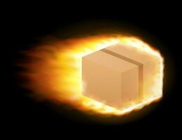 Cardboard box with cargo is flying on fire. Global mail delivery. Vector stock illustration