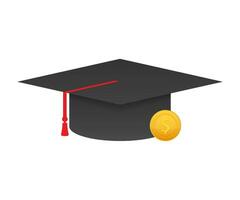 Investment in education. Scholarship. Books. Graduate's cap on stack golden coin. Vector stock illustration.