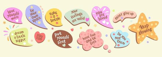 Vector collection of speech bubbles with affirmation. Self love and compliment phrases