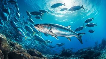 Photo of Barracuda with various fish between healthy coral reefs in the blue ocean. Generative AI