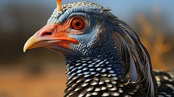 Close-up photo of a Guineafowl looking any direction. Generative AI