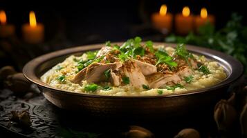 Photo of Mansaf as a dish in a high-end restaurant. Generative AI