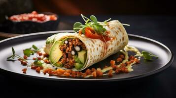 Photo of Vegan Burrito as a dish in a high-end restaurant. Generative AI