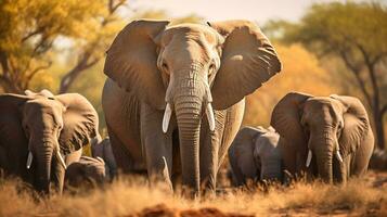 Photo of a herd of African Elephant resting in an open area on the Savanna. Generative AI