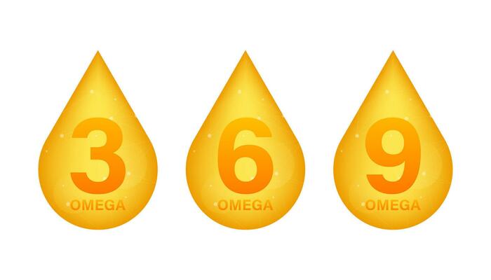 Omega 3, 6, 9, gold icon. Vitamin drop pill capsule. Shining golden essence droplet Vector illustration