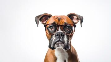 Photo of a Boxer dog using eyeglasses isolated on white background. Generative AI