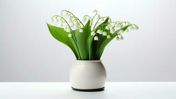 Photo of Lily of the Valley flower in pot isolated on white background. Generative AI