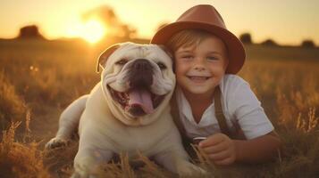 selfie photo of a little boy with his dog  . Generative AI
