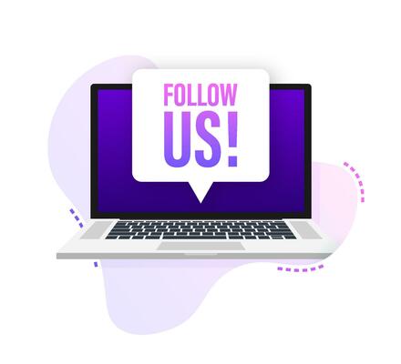 Laptop with follow us speech bubble. Vector illustration.
