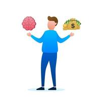 Man choosing between two options brainwork and money. Vector stock illustration.