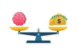 For concept design. Vector illustration of mechanism to compare value of brainwork and money on scales.Mental health concept