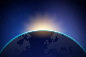 Dawn from space. Dawn from space. Rising sun behind the earth. Vector stock illustration