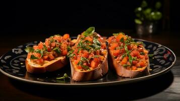 Photo of Bruschetta as a dish in a high-end restaurant. Generative AI