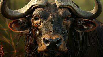 Close-up photo of a Wildebeest looking any direction on jungle. Generative AI