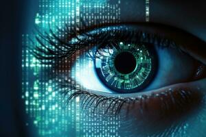 Female cyber eye. Futuristic bionic technology. Generative AI photo