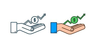 Profit money or budget. Cash and rising graph arrow up in hands. Capital earnings, benefit. Vector stock illustration