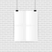 White posters hanging on binder. Grey wall with mock up empty paper blank. Vector illustration.