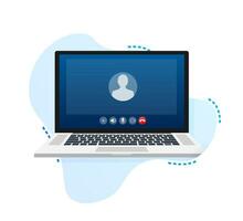 Incoming video call on laptop. Laptop with incoming call, man profile picture and accept decline buttons. Vector stock illustration.