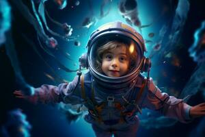 espacio aventuras con pequeño astronauta niño en traje espacial. foto